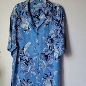 Bermuda Bay 100% Silk Blue Tropical Print Men's Casual Button Down Shirt Size L